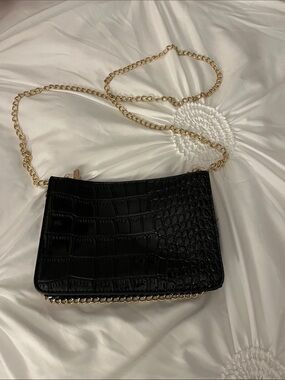 Black Croc-Embossed Chain Shoulder Bag